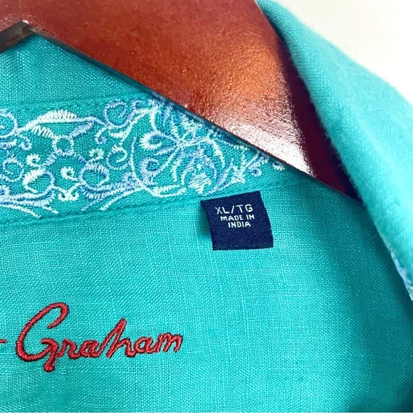 Robert Graham 100% Linen Embroidered Flip Cuff Blue Men's Button-Up Shirt Sz XL - Picture 3 of 16